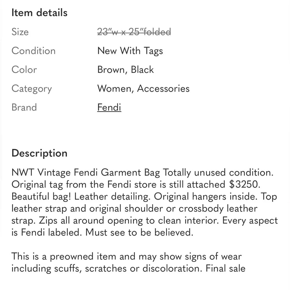 FENDI Pequin NWT Vintage Garment Bag